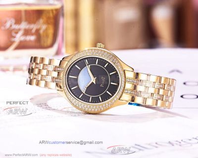 Perfect Replica Piaget All Gold Diamond Bezel  Black Dial 34 MM Ladies Watch